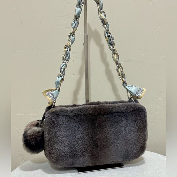 Gray Real Sheared Beaver Fur Handmade Double Zip Pillow Shoulder Bag/ Crossbody - Picture 3 of 16